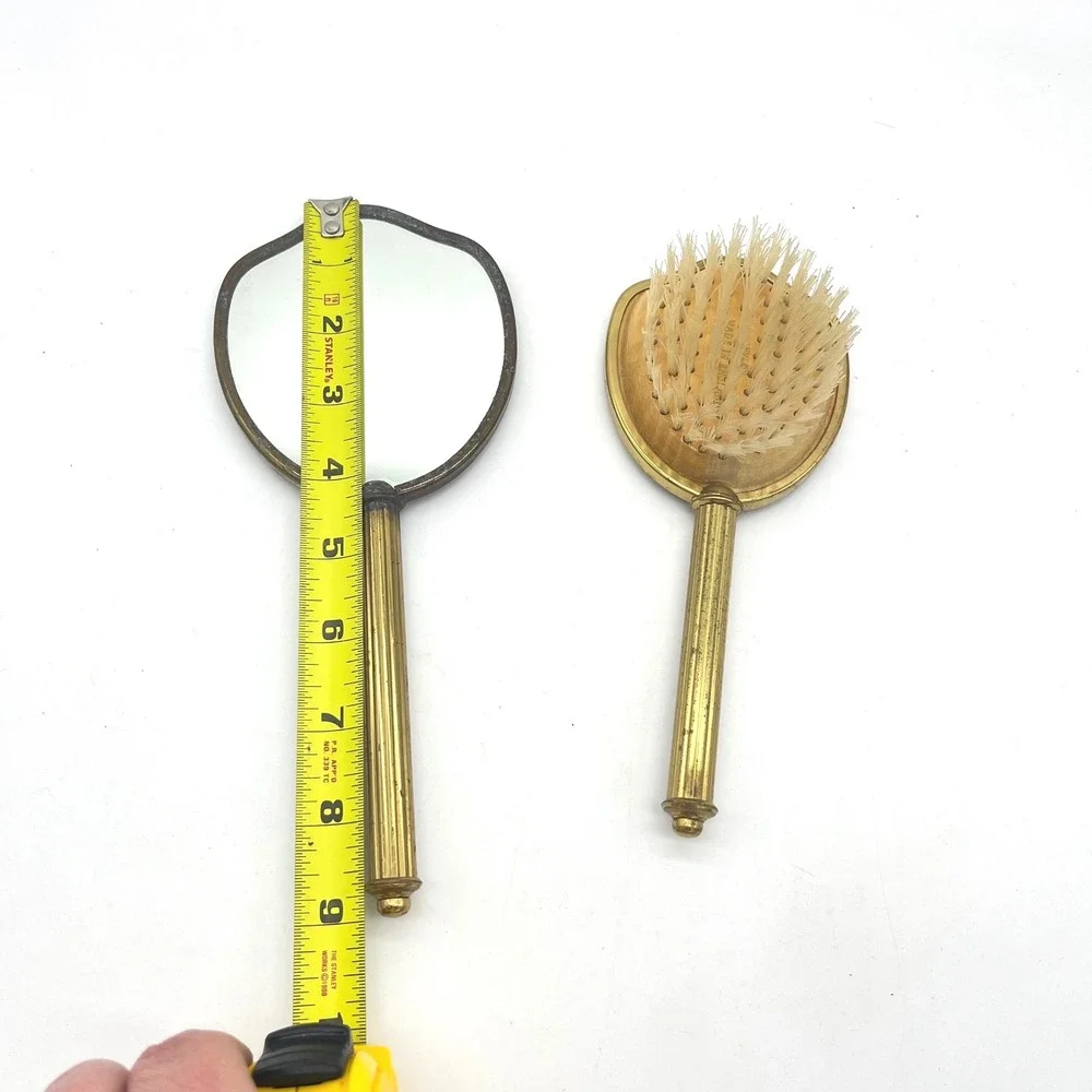 Vintage England Gold Tone Floral Brocade Hand Mirror and Brush‎ Vanity Set